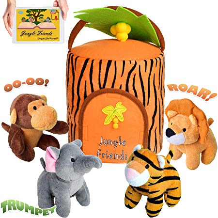 Plush Jungle Animals Toy Set - Carrier | Realistic Sounds & Improved Design for Babies with Stuffed Elephant, Monkey, Tiger, Lion & Animal House   e-Book | Great learning gift for Babies & Toddlers
