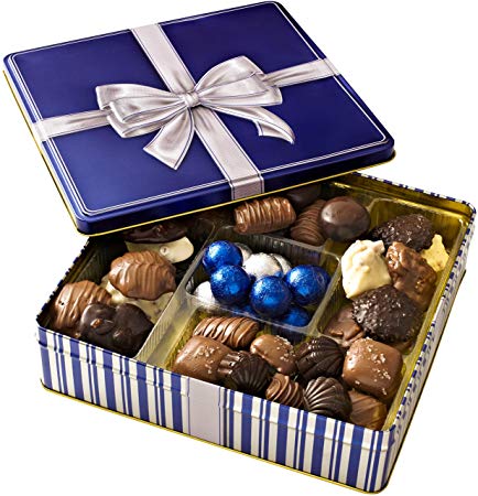 Holiday Chocolate Gift Box - Hanukkah - Gourmet Gift Basket Prime - Assortment Tray - Nut Truffles - Corporate Food Gifts in Elegant Keepsake Tin - Sympathy Thanksgiving Birthday or Get Well Baskets –