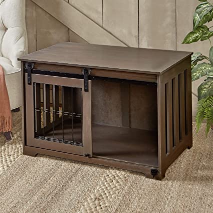 The Lakeside Collection Barn Door Pet Crate - End Table with Sliding Door for Pets - Rustic Brown