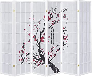 Legacy Decor 6 Panel Plum Blossom Shoji Screen Room Divider White Color
