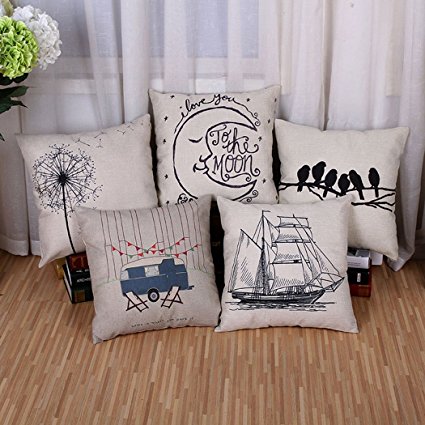 BPFY 5 Pack Home Decor Sofa Throw Pillow Case Set of 5 Cushion Cover 18 x 18 Inch Cotton Linen