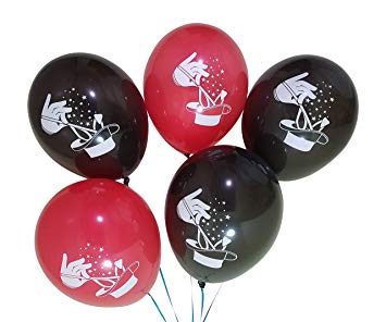 Magic Theme Balloons for Birthday Party with Wand, Hat, and Rabbit Ears – 25 Pack – Red, Black