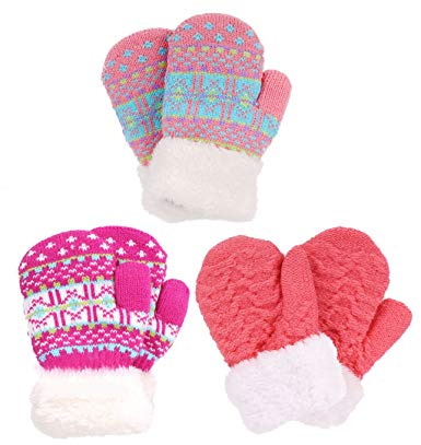 Arctic Paw 3 Pairs Kids' Sherpa Lined Knit Mittens Boys Girls Winter Gloves