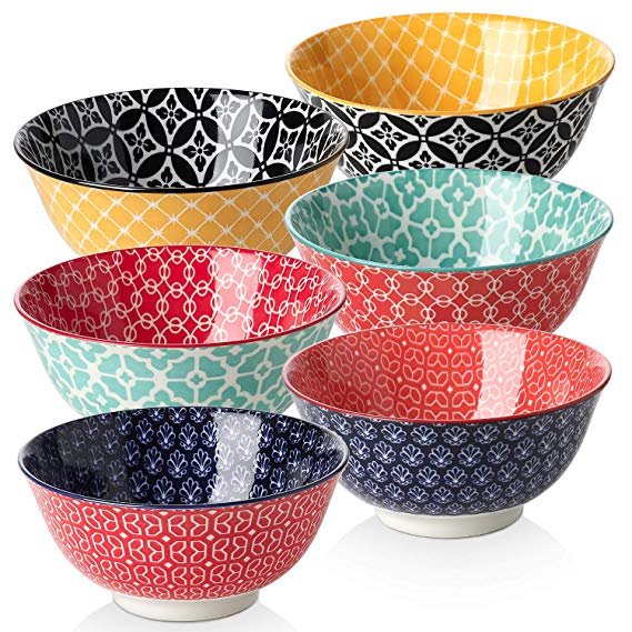 DOWAN 23 oz Porcelain Bowls Set, Cereal/Soup/Pasta Bowls, Set of 6, Colorful Design