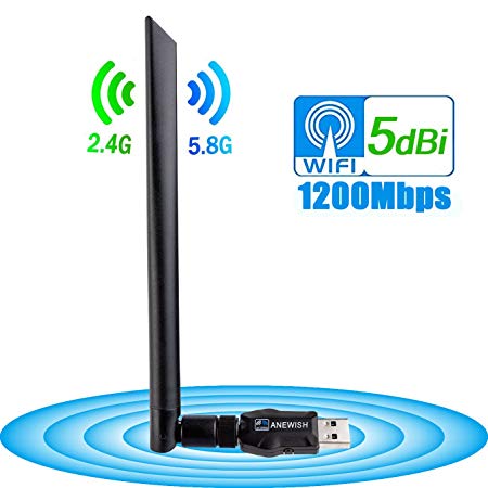 ANEWISH Wireless USB WiFi Adapter 1200Mbps, USB 3.0 Network LAN Card with 5dBi Antenna WiFi Receiver for PC/Desktop/Laptop/Tablet Dual Band 2.4G/5.8G 802.11ac Support Windows 10/8.1/8/7/XP, Mac OS
