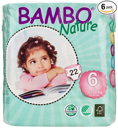 Bambo Nature Premium Baby Diapers, X-Large, Size 6, 22 Count (Pack of 6) (One Month Supply)