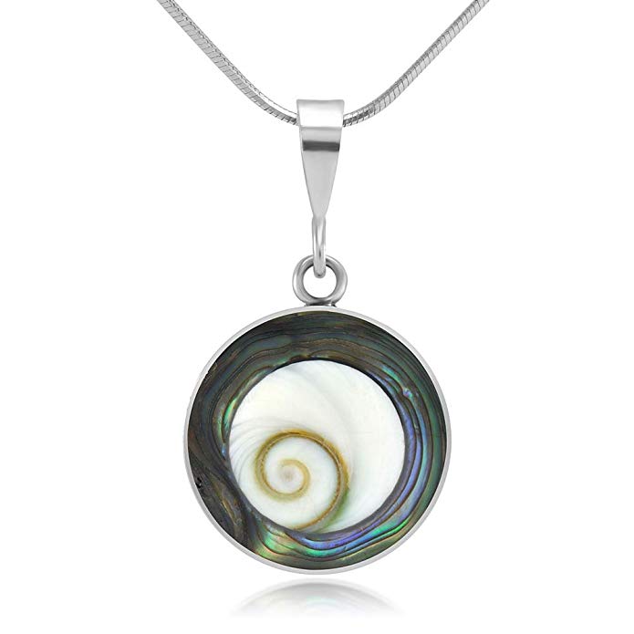 Chuvora 925 Sterling Silver White Shiva Eye and Green Abalone Shell Reversible Necklace, 18 inches