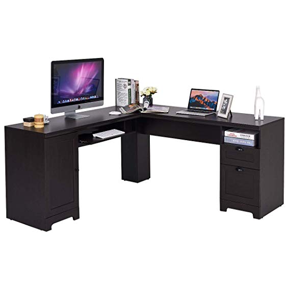 Tangkula 66" × 66" L-Shaped Desk, Corner Computer Desk, with Drawers and Storage Shelf, Home Office Desk, Sturdy and Space-Saving Writing Table,Black