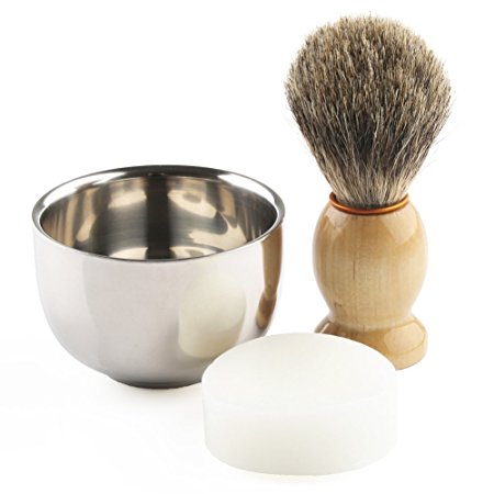 Anbbas Best Badger Hair Shaving Brush 4" Height with Double Layer Stainless Steel Shave Bowl Mug Dia 2.9" and Shaving Soap
