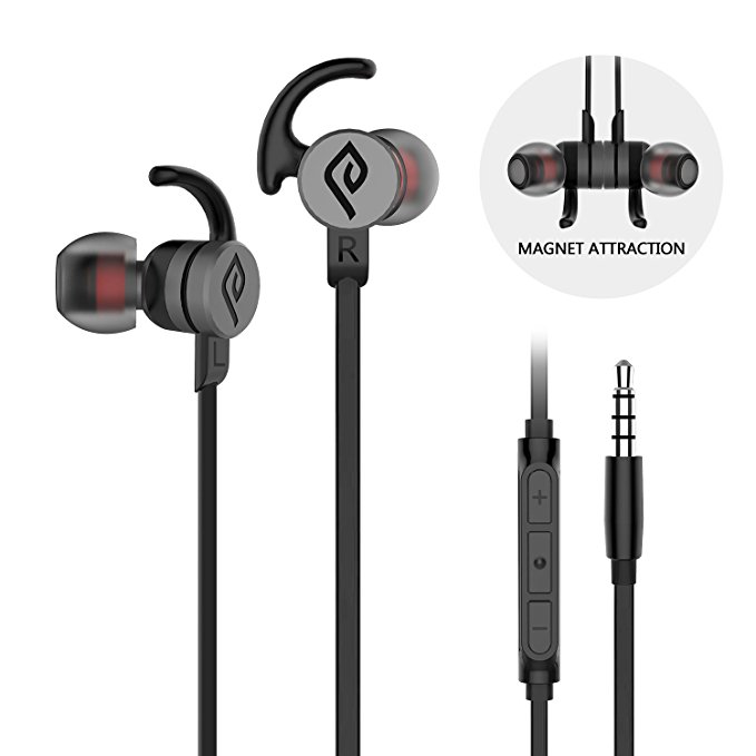 Wired earbuds, Parasom M2 PH Magnetic In-ear Stereo earphones, 3.5mm handsfree sports headphones with mic & volume control for Android/IOS (Black)