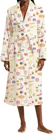 Cute Flannel Fruit Print Robes For Women Cozy Plush Floral Long Robes Y2k Fuzzy Fleece Bathrobe With Belt Nightgown