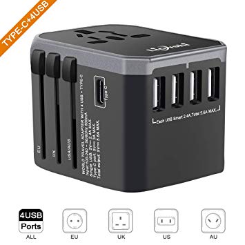 Universal Travel Power Adapter,USB Type C Power Plug Adapter- 5 USB Ports (4 USB Type A   1 USB Type C) Wall Charger, Worldwide AC Outlet Plugs Adapters For USA EU UK AUS -Covers 150 Countries(Grey)