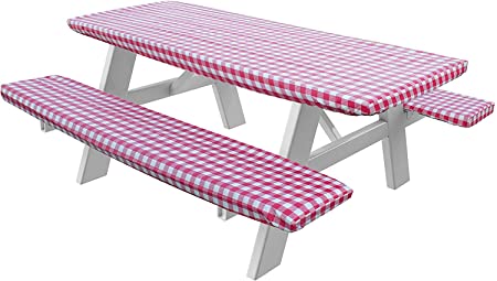 Violet Linen Deluxe Checkered Gingham Pattern Picnic Bench Fitted Table Cover, 28 x 72 Inch, 3-Piece Set, Red