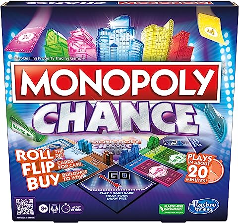 Monopoly Chance Board Game for Adults and Kids | Fast-Paced Family Party Game | Ages 8  | 2-4 Players | 20 Mins. Average