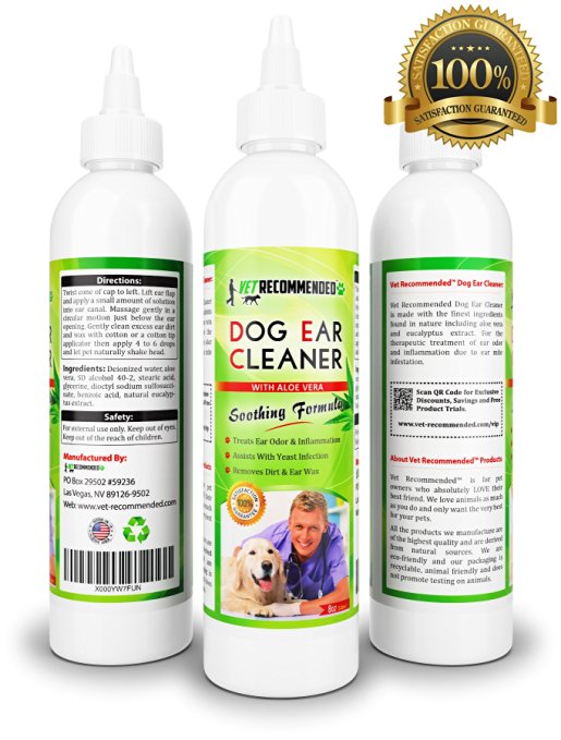 Vet Recommended - Dog Ear Cleaning Solution - With Natural Aloe Vera for Dog Ear Infection. Perfect Dog Ear Cleaner For Yeast Infection and Bacteria - Made in USA (8oz/240ml)