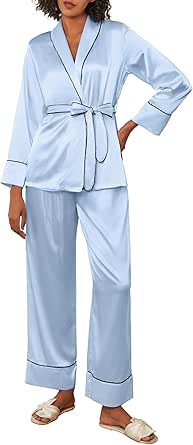 Ekouaer Satin Pjs for Women Set Silk Pajamas Set Long Sleeve Top with Pants Soft 2 Pieces Loungewear with Belt