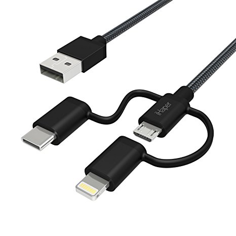 3 in 1 Lightning Cable, Micro USB Cable, USB C Cable, iHaper [Apple MFi Certified] Charge and Sync Cable 1 m with Nylon Braided and Kevlar, High Speed Sync and Quick Charge for iPhone, Android, Black