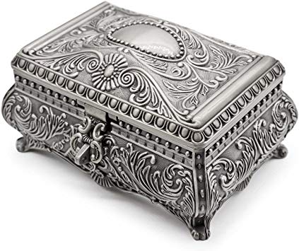 AVESON Rectangle Antique Metal Jewelry Box Trinket Storage Organizer Gift Box Chest Ring Case with Floral Engraved for Girls Ladies Women, Large