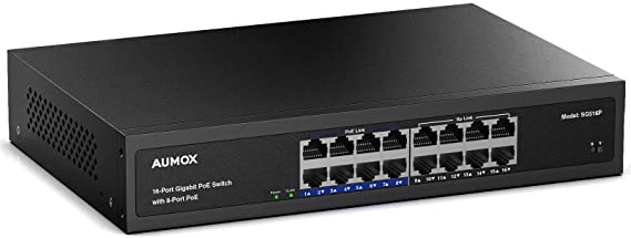 Aumox 16-Port Gigabit Network Switch, 8 Port POE 120W, Unmanaged Ethernet Splitter, Traffic Optimization, Metal Casing with Fanless Silent Design, Plug and Play, 19-inch Rackmount(SG516P)