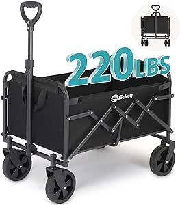 Sekey 220LBS Collapsible Wagon Heavy Duty 100L Large Capacity Foldable Wagon with All-Terrain Wheels, Lightweight Outdoor Utility Folding Wagon Cart for Shopping, Grocery (Black, 1 Year Warranty)