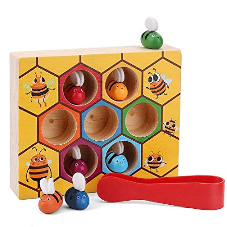 Bee Hive Wooden Educational Toys, Jeeco Preschool Toddler Motor Skills Toys Color Sorter Baby Toy for Early Learning Colors and Sorting Counting