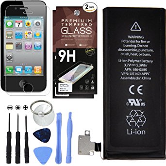 Cell Phone DIY Battery Replacement for Apple iPhone 4S - Complete Repair Kit – Includes Set of Tools – [Pack of 2] Glass Screen Protectors – 0 Cycle 1430mAh Batteries - For Models A1387 & A1431