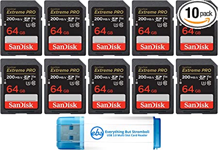 SanDisk 64GB SDXC Extreme Pro Memory Card (10 Pack) 4K V30 UHS-I Speed Class 10 (SDSDXXU-064G-GN4IN) Bundle with (1) Everything But Stromboli 3.0 SD/TF Card Reader