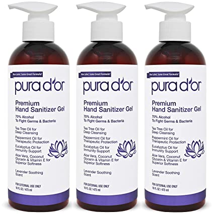 PURA D’OR Hand Sanitizer Gel LAVENDER Scent 3 PACK-16oz each = 48oz Total. 70% Alcohol Kills 99% Germs w/Aloe Vera, Tea Tree: Waterless Deep Cleansing Moisturizing Soothing, Fights Germs & Bacteria