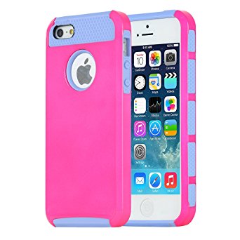 iPhone 5 Case, iPhone 5s Case, MTRONX Shockproof Heavy Duty Durable Hybrid Hard Soft TPU Armor Defender Case Cover Bumper For Apple iPhone 5, iPhone 5s, iPhone SE - Hot Pink/Purple(HC-HPPP)