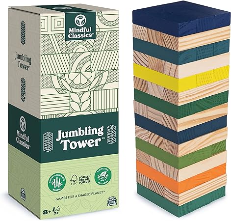 Spin Master Games Mindful Classics, Jumbling Tower Sustainable Wooden Blocks Tumbling Toppling Bamboo Wood Party Stacking Game, for Adults and Kids Ages 8 and up