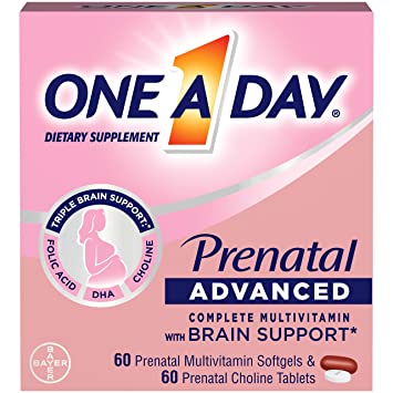 One-A-Day Women’s Prenatal Advanced Complete Multivitamin with Brain Support* with Choline, Folic Acid, Omega-3 DHA & Iron for Pre, During and Post Pregnancy, 60 60 Count