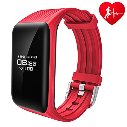 Dawo Fitness Tracker Watch IP68 Waterproof Activity Wireless Smart Bracelet with Continuous Heart Rate Monitor Step Calorie Sleep Counter Bluetooth Wristband Pedometer Sports Smart Band(Red)