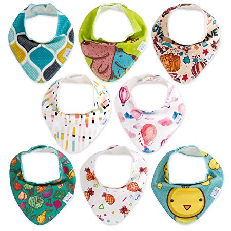 Bandana Baby Bibs - 8 Pack Waterproof Unisex Ultra Soft - 3 Layers Technology - Perfect for Boys & Girls with Sensitive Skin, Teething Drooling, Feeding - Perfect Gift for Newborn, Infants & Toddlers