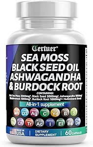 Sea Moss 3000mg Black Seed Oil 2000mg Ashwagandha 1000mg Turmeric 1000mg Bladderwrack 1000mg Burdock 1000mg & Vitamin C Vitamin D3 with Elderberry Manuka Dandelion Yellow Dock Iodine Chlorophyll ACV