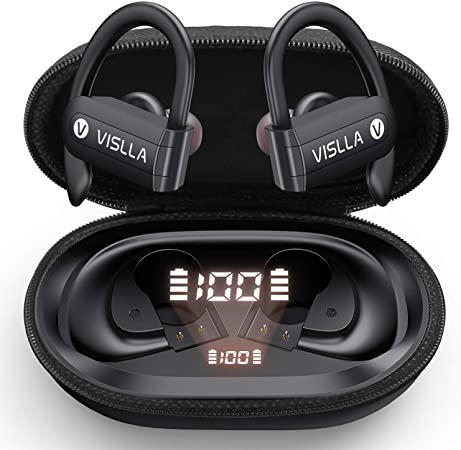 Vislla Bluetooth Headphones Sports Wireless Earbuds TWS BT5.0 Stereo Deep Bass Waterproof Earphones Noise Canceling Headset with Battery Display Charging Case & Built-in Mic
