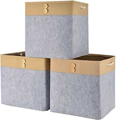Perber Collapsible Storage Cubes 13x13x13inch Bins [3-Pack], Foldable Felt Fabric Storage Box Basket Containers with Handles- Large Organizer for Nursery Toys,Kids Room,Towels,Clothes, Grey and Beige