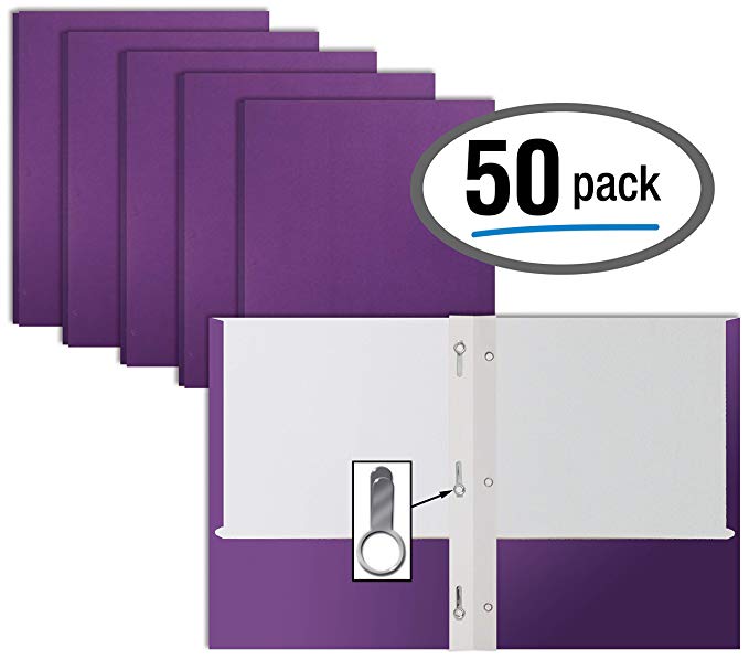 Purple Paper 2 Pocket Folders with Prongs, 50 Pack, by Better Office Products, Matte Texture, Letter Size Paper Folders, 50 Pack, with 3 Metal Prong Fastener Clips, Purple