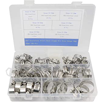 Hose Clamps, 60 Pcs 304 Stainless Steel Adjustable 6-38mm Range Worm Gear Hose Clamp, Fuel Line Clamps for Plumbing/Automotive/Mechanical Applications