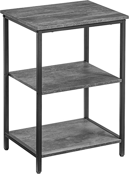 VECELO End Side Table with Storage Shelf, Industrial Night Stand, 3-Tier Small Nightstand for Living Room, Bedroom, Charcoal Grey