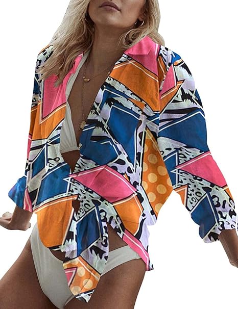 Bsubseach Women Long Sleeve Beach Shirt Blouses Bathing Suit Cover Up Button Down Collar