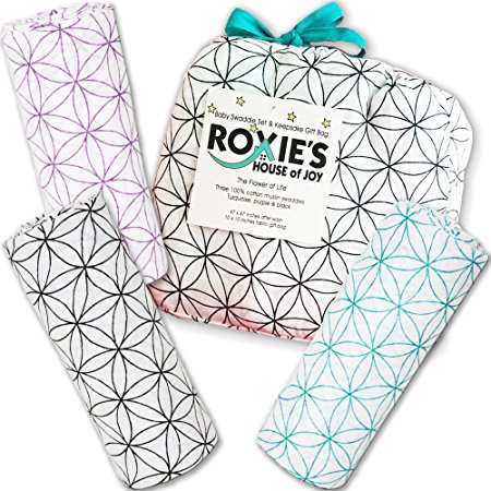 Roxie's Baby Swaddle Blankets and Gift Bag, Premium 100% Cotton Muslin, 4 Piece Set