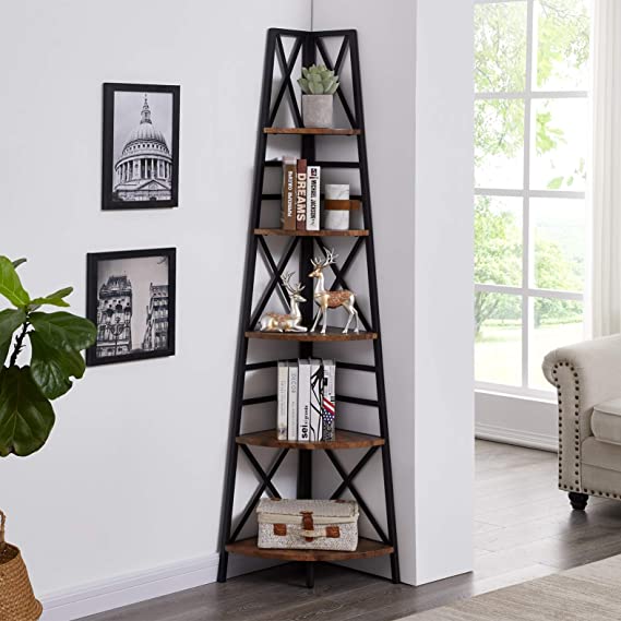 Hombazaar 5-Tier Industrial Corner Bookshelf, Vintage Wood Look Accent with Metal Frame Etagere Bookcase, Freestanding Tall Ladder Shelf Display Organizer Home Office, Rustic Brown Finish