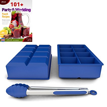 Silicone Big Ice Cube Trays - Large 2 Inch Ice Cubes Mold, Set of 2 Plus 8in Kitchen Tong, Free Ebook