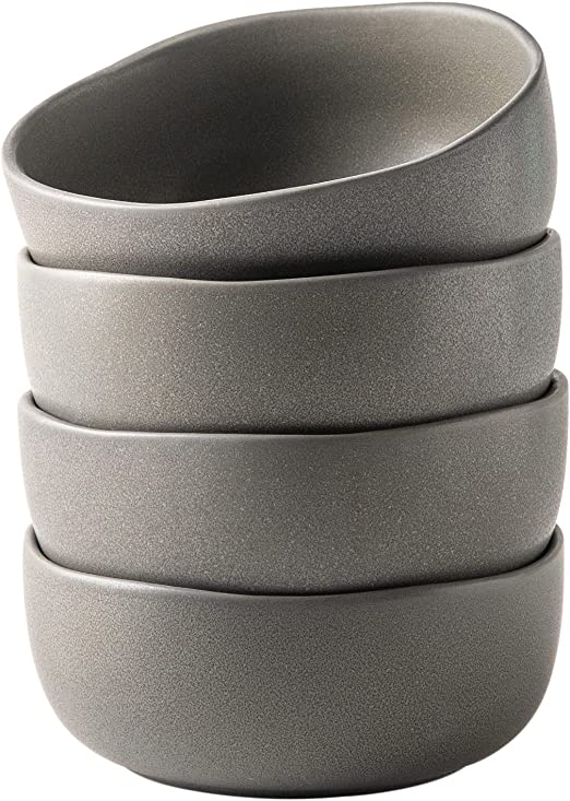 AmorArc Stoneware Cereal Bowls for Kitchen, 28oz Large Ceramic Soup Bowls Set of 4 for Meal, Chip-Resistant Kitchen Bowls with Wavy Rim, Reactive Glaze Matte Grey