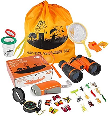 ThinkMax Kids Explorer Kit, 27 PCS Outdoor Adventure Kit, Bug Catcher Set with Binoculars, Flashlight, Compass and Backpack
