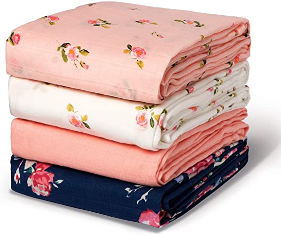 Momcozy Muslin Swaddle Blanket Baby Girl Newborn, 4 Pack Large Wrap Swaddle Blankets Soft Silky Breathable (70% Bamboo + 30% Cotton), Receiving Blanket, Floral Design