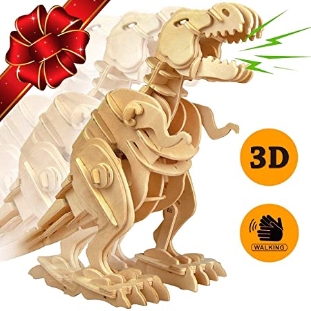 ROKR Walking Trex Dinosaur 3D Wooden Puzzle Building Craft Kit T-Rex Toy for Kids,Sound Control Robot Model for Children 7 8 9 10 11 12 Year Old-Best Educational Gifts for Boys and Girls
