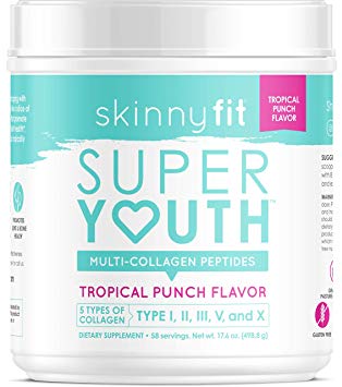 SkinnyFit Super Youth Collagen Powder Tropical Punch Flavor, Types I, II, III, V and X, Joint & Bone Support, Glowing Hair, Skin, and Nails, 58 Servings