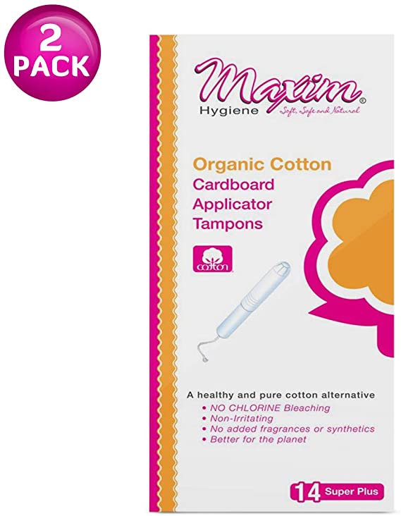 Maxim Organic Cotton Tampons, Cardboard Applicator, REG, 32ct. No Chlorine/Dioxin/Chemical, ICEA Approved, Organic Natural Tampons, Biodegradable, Organic Tampons with Applicator, 2 Packs of 16