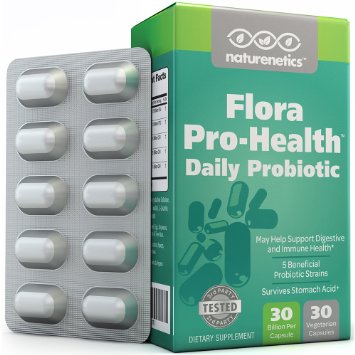 Probiotics 30 Billion Per Capsule; Flora Pro-Health by Naturenetics - 30 Day Supply - Vegan - 3rd Party Tested - No Refrigeration Required